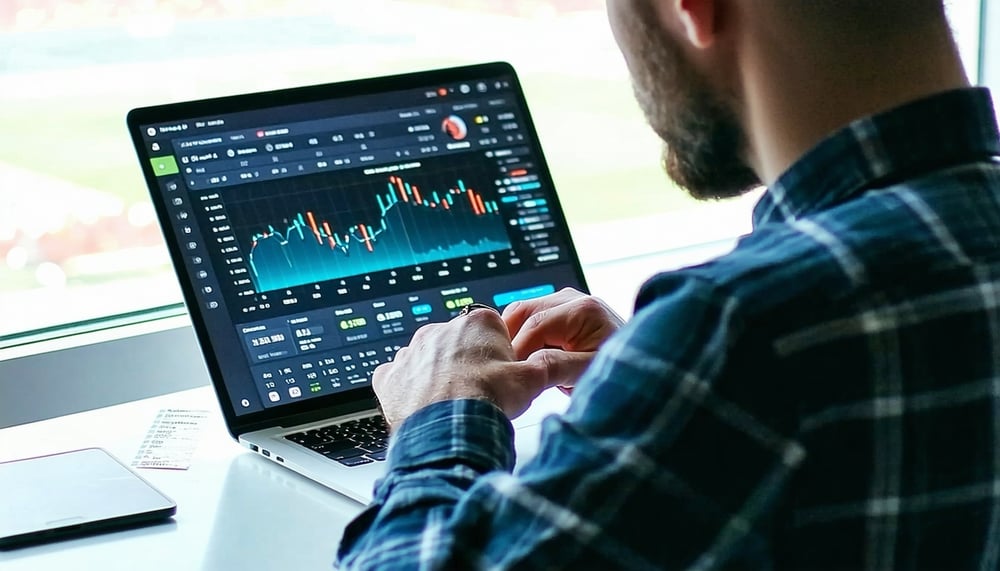 A person analyzing sports data on a laptop, symbolizing strategic betting insights.